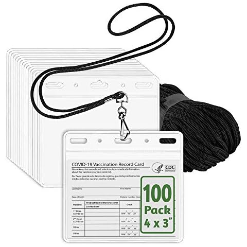 EcoEarth 4x3 Horizontal Vaccine Card Protectors, ID Badge PVC Card Holder with Lanyards (Black Lanyards, Clear Holders, 100 Pack), Easy Open Top Load Name Badge Holders Cover