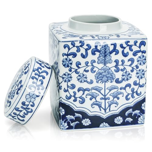 Image of Goaste Square Ceramic Ginger Jar with Lid, 8.2 Inch Blue and White Ginger Jars Decorative, Chinoiserie Porcelain Flower Vase, Handmade Large Floral Canister for Home Decor, Office, Table Centerpieces