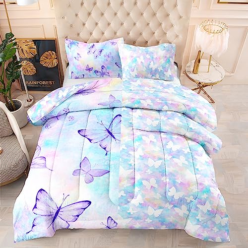 CVHOUSE Butterfly Reversible Comforter Set,Rainbow Butterfly Bedding Set for Girls Kids Teens,Tie Dye Butterflies Comforter Butterflies Duvet Set Room Decor Quilt Set Twin Size