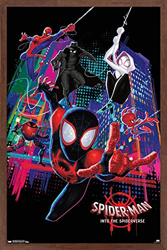 Trends International Marvel Spider-Man - Into The Spider-Verse - Group Wall Poster, 22.375" x 34", Mahogany Framed Version