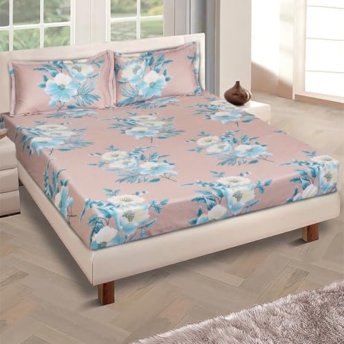 Image of ROMEE Elegant Floral Printed Glace Cotton Double Bedsheet, 144 TC Soft Feel, Queen Size (90 x 100 Inches), with 2 Pillow Covers, Beige & Blue