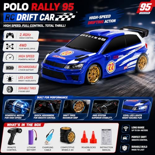 Image of 4WD RC Drift Car 1:24 Scale | 20 Km /h High-Speed Remote Control Car with LED Lights, Rechargeable Battery | Stunt Racing & Drifting Toy Car for Kids - Boys & Girls Gift