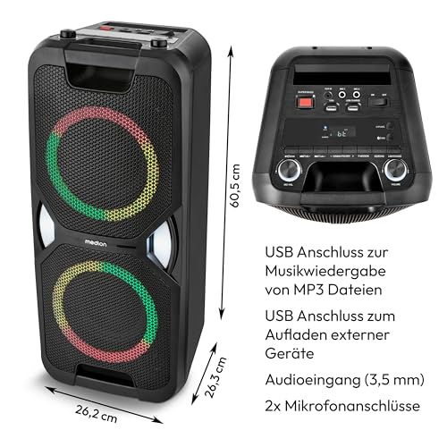 MEDION PE-1 Pure Partybox (Akku, mit Mikrofon, tragbarer Bluetooth Lautsprecher groß, Musikbox, Verschiedene Lichteffekte, Partylautsprecher mit Karaoke, 2 x Mikrofonanschluss, AUX, USB, Radio)