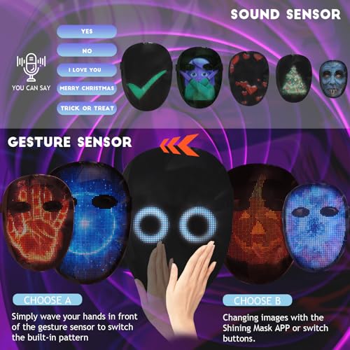 MOYACA Led Mask with Voice Recognition Gesture Sensing, Light up Mask with Programmable App Customize Patterns, Cool Toys Gifts for Halloween Christmas Costume Party — view 2