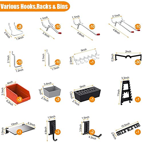TORACK 109Pcs Pegboard Wall Organizer 4 ft. Garage Metal Pegboard Standard Utility Tool Storage Kit w/Toolboard Hooks & Pegboard Hooks Accessories, Wall Mounted Storage Bins & Shelf