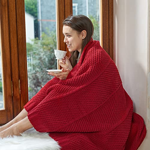 Amélie Home Chenille Chunky Knit Throw Blanket Non-Shedding, Cable Knit Throw With Chevron Texture, Decorative Farmhouse Cozy Blanket For Home Couch Sofa Chair Bed, Red, 50X 60 #TOP7