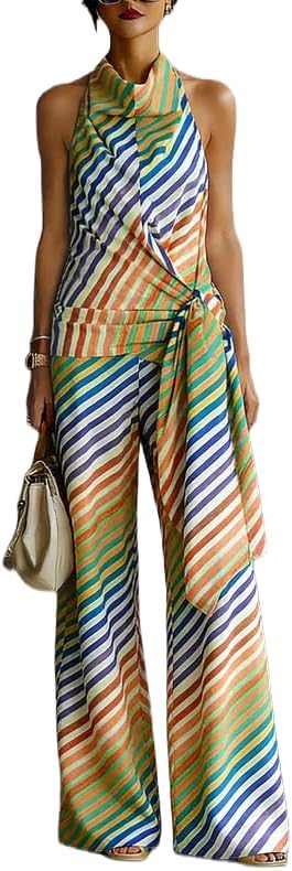 THLAI Womens Sleeveless Printed Halter Neck Wrap Top & Matching Wide Leg Pants 2 Piece Set Summer Casualwear