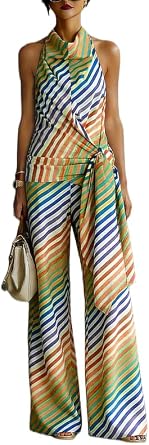 THLAI Womens Sleeveless Printed Halter Neck Wrap Top & Matching Wide Leg Pants 2 Piece Set Summer Casualwear