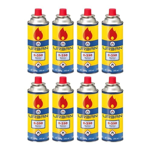 DISPAU Pack de Cartuchos de Gas Butano 220g, 100% Butano Puro, para Hornillos, Quemadores y Cocinas Portátiles, con Válvula de Seguridad (8 BOMBONAS)