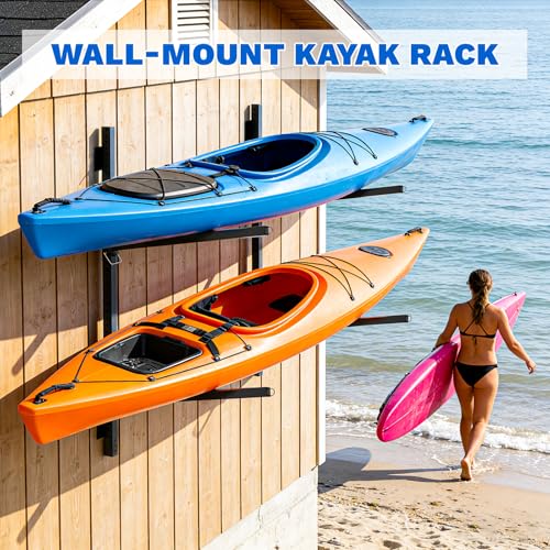 MOPHOTO Wall Mount Kayak Storage Rack, 2-Tier Heavy Duty Kayak Rack for Garage Storage & Outdoor, Space-Saving Kayak Holder for Kayaks, Canoes, Surfboards & Paddleboards - Thumbnail 2