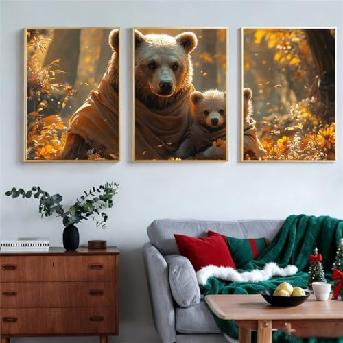 Tableau sur Toile Ours Cadeau Crémaillère Moderne Triptyque Bois - 4
