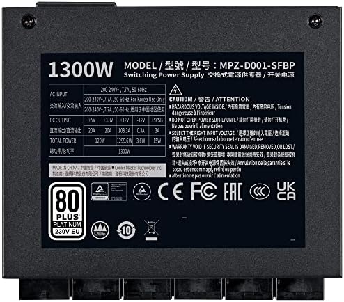 Cooler Master V 1300 SFX Platinum Wtyczka EU, 80 Plus Platinum (230V), zasilacz modułowy, do obudowy Mini-ITX do ATX, wsparcie ATX 3.0, cichy wentylator FDB 92 mm, 10 lat gwarancji - 1300 W