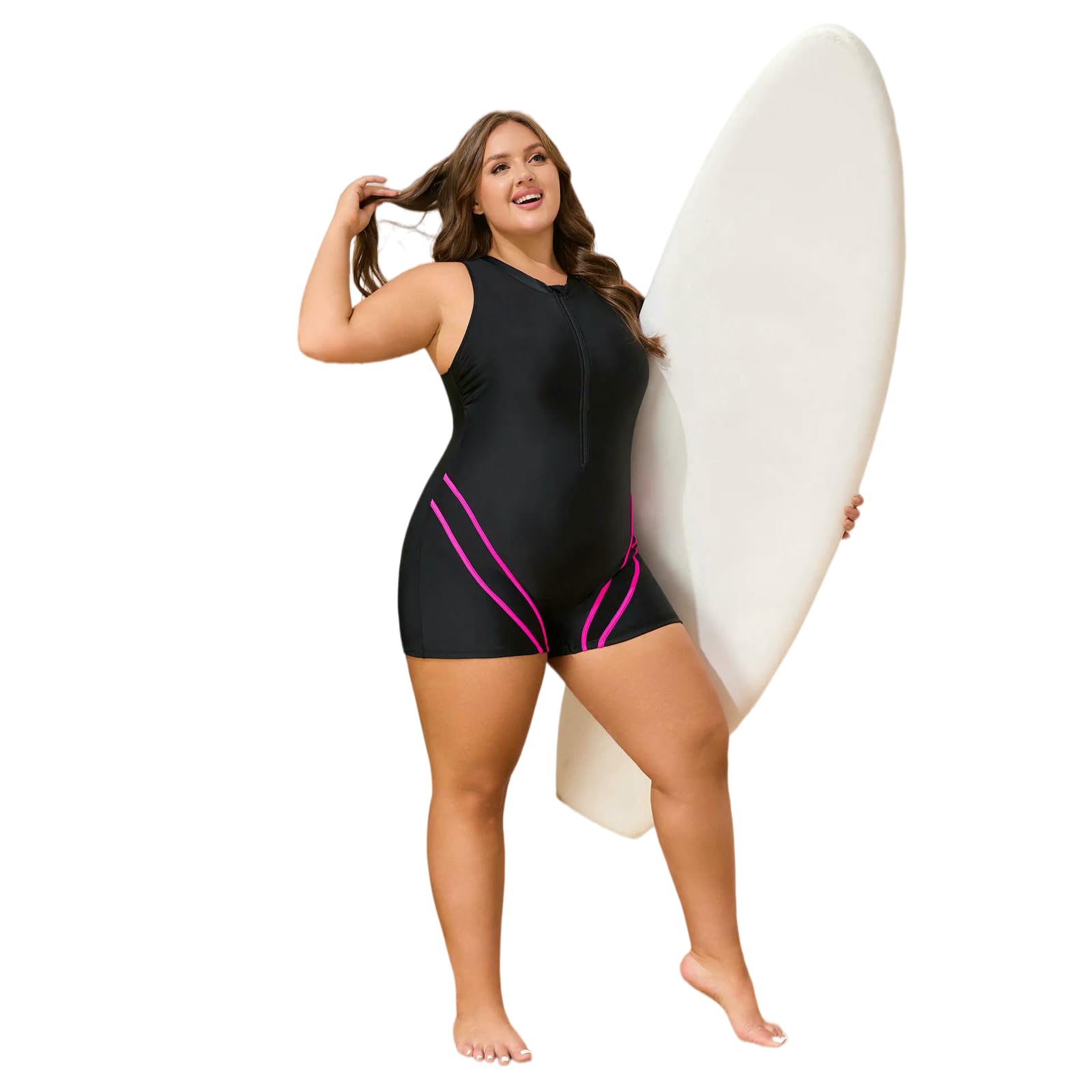 bañador Traje De Baño Frontal con Cremallera Tamaño Más Grande – Mujer Upf50 + Sin Mangas Control del Vientre Una Pieza-Black Pink-4xl