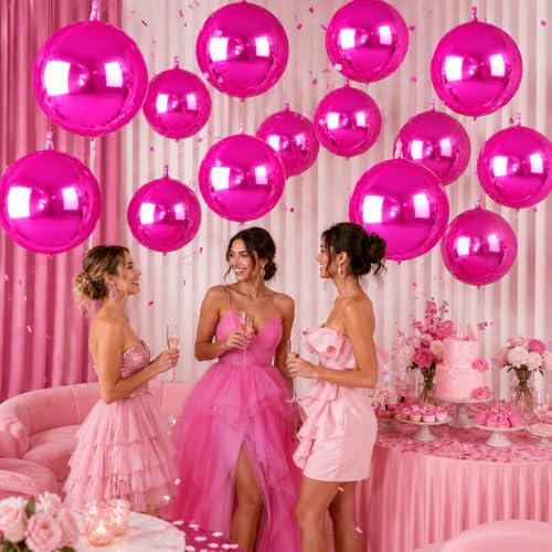 Image of 14 Pcs Hot Pink Round Foil Balloons 22 /15 /10 4D Ball Balloons Metallic Pink Fuchsia Balloon Ornament Mylar Balloon Chrome for Graduation Birthday Anniversary Disco Valentines Party Decorations