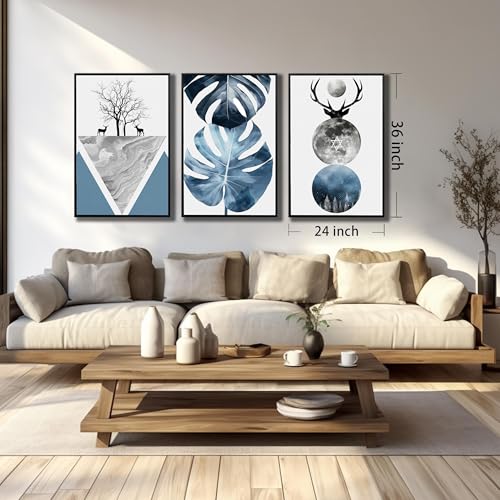 Image of Boho Canvas Wall Art Set of 3 with Black Frame, Abstract Minimalismt Bohemian Deer & Tropical Leaf Pictures Prints Artwork Paintings Wall Decor for Bedroom Living Room Home Decoration 24x36 inches