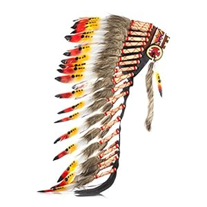 Pink Pineapple handgemaakte Native American geïnspireerd veren hoofdtooi – Gemiddelde lengte -Oranje, Rood en Zwart