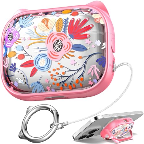 Image of for AirPods Pro 2 Case with Cleaning Kit, Cute Cat Ear Print Design & Cute Buckle for Girls, Phone Holder & Top Safe Lock Buckle Design for AirPods Pro 2nd /1st Gen case, Clear Flowers