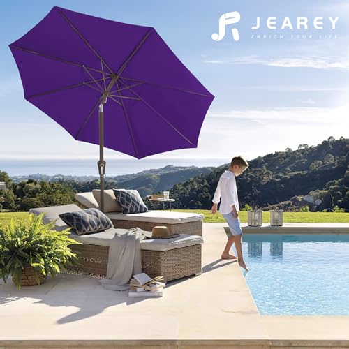 Image of JEAREY 9FT Outdoor Patio Umbrella Outdoor Table Umbrella with Push Button Tilt and Crank, Market Umbrella 8 Sturdy Ribs UV Protection Waterproof for Garden, Deck, Backyard, Pool (Dark Purple)