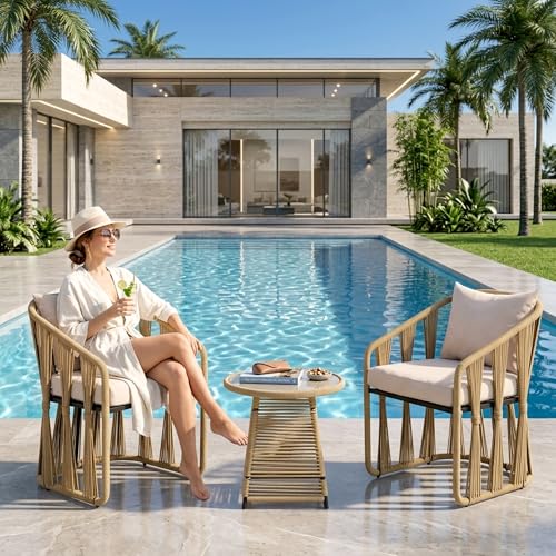 Image of BRISHI 3 Piece Outdoor Patio Furniture Set | Two Seater Woven Rope Patio Chairs with Cushions & Glass Table | All Weather Garden Balcony Conversation Set for Porch, Lawn, Poolside, Backyard (Yellow)
