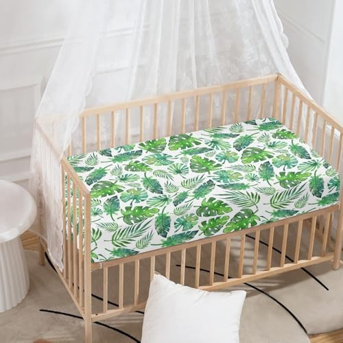 Image of Tropical Leaf Baby Crib Sheets for Boys Girls Green Leaves Fitted Crib Sheet for Standard Crib and Toddler Mattress Cute Plants Leaf Baby Mattress Sheets Toddler Bed Sheet 52x28x8 in