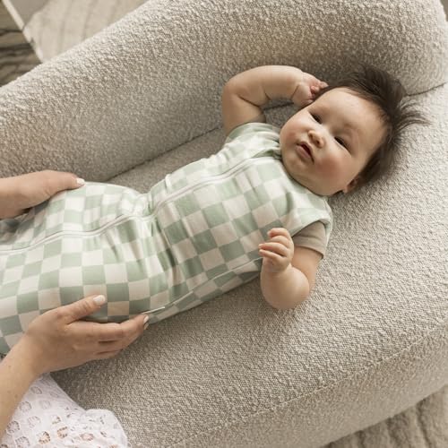 Image of Tiny Twinkle Baby Sleep Sack 0-3 Months 1.0 TOG, Cotton & Elastane Wearable Blanket, Swaddle Transition Micro-Fleece, Machine Washable (Sage Checkers)