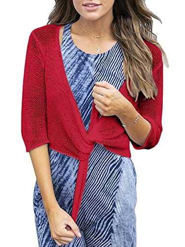 Yemgsip Women's Tie Front Shrug 3/4 Sleeve Bolero Sheer Knotted Lightweight Cardigan Sweaters Short Shawl Tops Red #TOP1