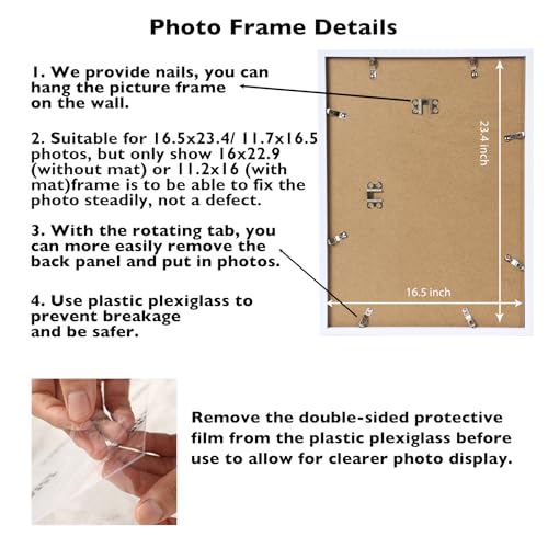 Image of JCJMY 16.5x23.4 A2 Picture Frame White with 11.7x16.5 A3 Mat, Display Photo 11.7x16.5 with Mat or 16.5 x 23.4 Without Mat, Wall Hanging Large Frame with Plexiglass, White