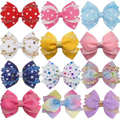 12pcs 4 Inch Hair Bows for Girls - Christmas Hair Clips with Alligator Clip Glitter & Sparkly Ribbon Bows - Barrettes & Hairpins for Teens Toddler Kids