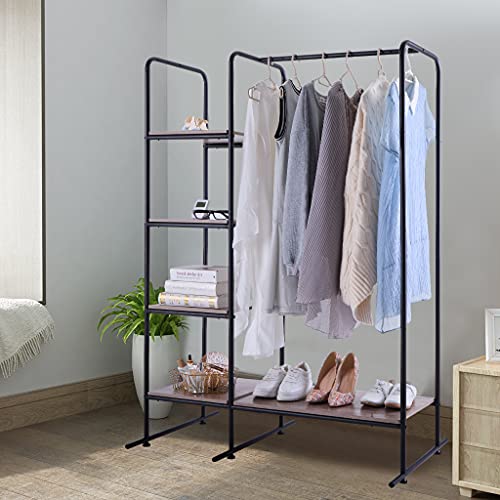 Metal Garment Rack, Free Standing Closet Storage Organizer W/ 5 Shelves & Hanging Bar, Open Wardrobe Rack For Hanging Clothes And Storage, Clothes Rack For Bedroom Living Room Entryway,Black/Dark Brown(Model:2103) #TOP5