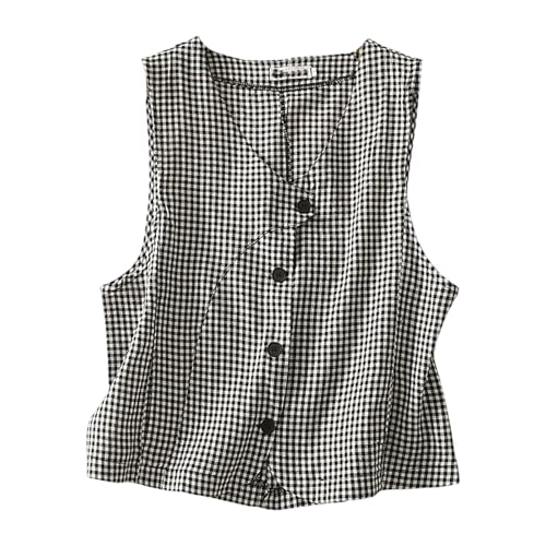 HGps8w Women's Vintage Plaid Linen Vest Casual Lightweight Button Down Sleeveless V Neck Waistcoat Jacket