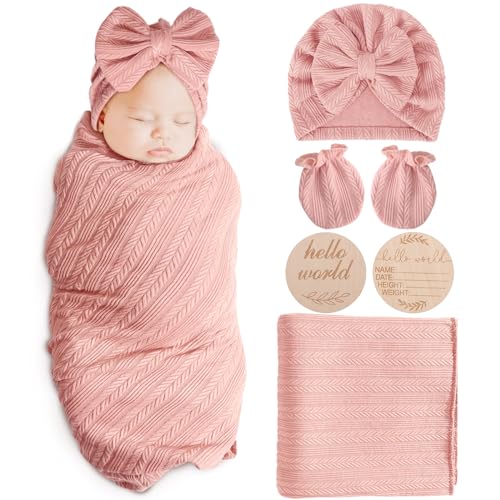Image of AQOKKA Newborn Receiving Blanket with Bow Hat Mittens Wooden Card Set Wheat-Pattern Newborns Toddler Baby Boy Girl Nursery Swaddle Wrap