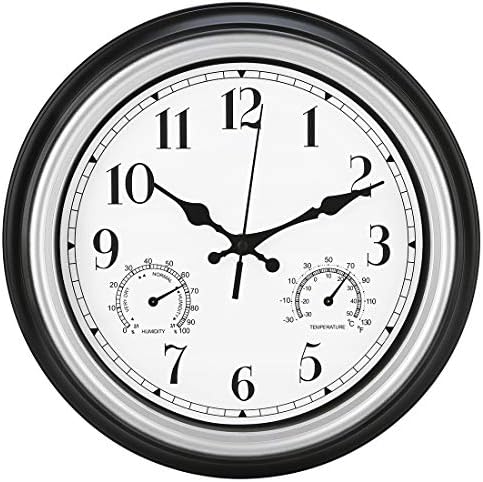 Amotpo Indoor/Outdoor Wall Clock,12-Inch Waterproof Clock with Thermometer and Hygrometer Combo,Battery Operated Quality Quartz Round Clock,Silver