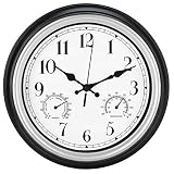 Amotpo Indoor/Outdoor Wall Clock,12-Inch Waterproof Clock with Thermometer and Hygrometer Combo,Batt