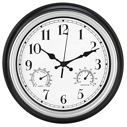 Amotpo Indoor/Outdoor Wall Clock,12-Inch Waterproof Clock With Thermometer And Hygrometer Combo,Battery Operated Quality Quartz Round Clock,Silver #TOP8