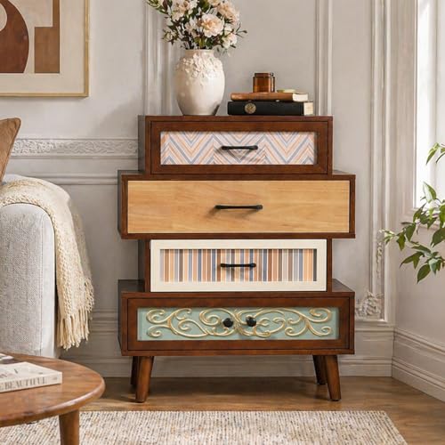 Ahokua narrow accent cabinet with mixed-material patterned drawers