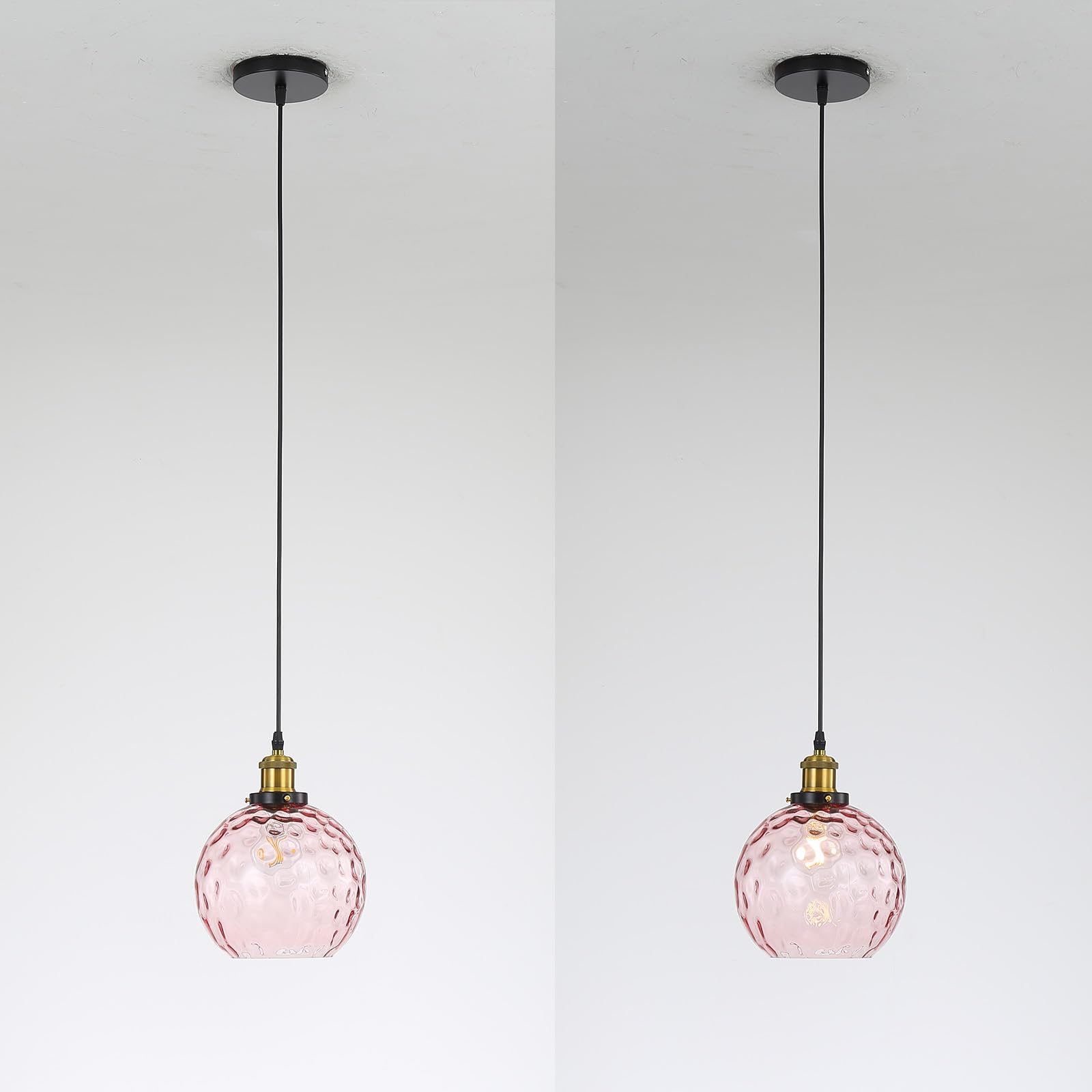 LFsem Vintage E27 Pendant Light with 15cm Rippled Glass Ball, Industrial Retro Height Ajustable Hanging Ceiling Lamp for Bedroom, Dining Room, Cafe and Restaurants (Pink) - Image 3