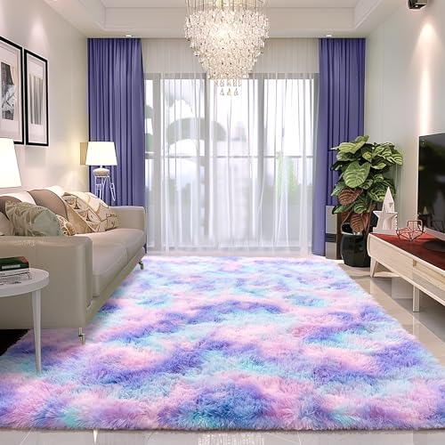 8x10 Fluffy Rug - Non Slip Blue Rainbow Tie-Dye Shaggy Area Rug for Living Room - Cute Indoor Floor Rug for Girls Room
