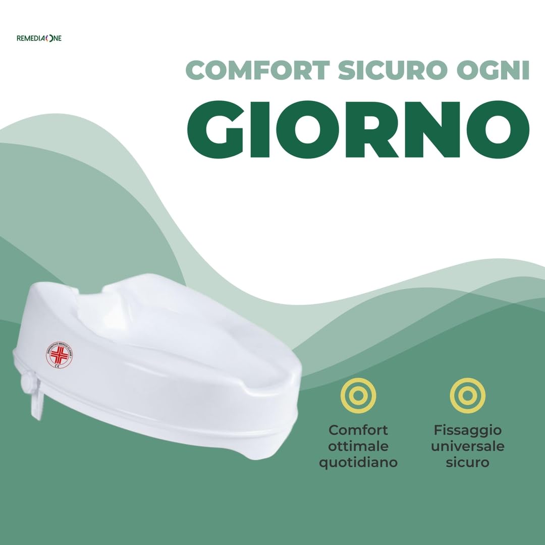 REMEDIA ONE - Rialzo WC per Anziani senza Coperchio, Alzata per Wc Regolabile, Alzawater per Protesi Anca, Seduta Ergonomica – Bianco, 10 cm