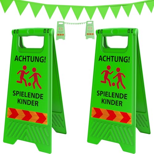 TUT 2 Stück Achtung Kinder Schild Aufsteller mit Wimpelkette Achtung Kinder Aufsteller mit Reflektorstreifen Klappbar 61x30CM Premium Achtung Spielende Schild für Spielstraßen Schulweg Wohngebiet