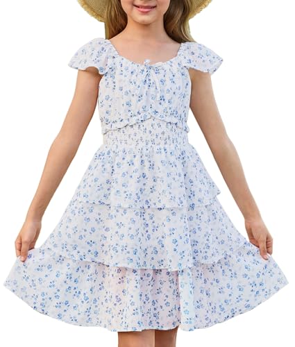 GRACE KARIN Girls Summer A-Line Tiered Floral Dress, Ruffle Sleeve Square Neck Midi Flower Girl Party Dresses 6-14 Years Blue Flowers 8-9 Years