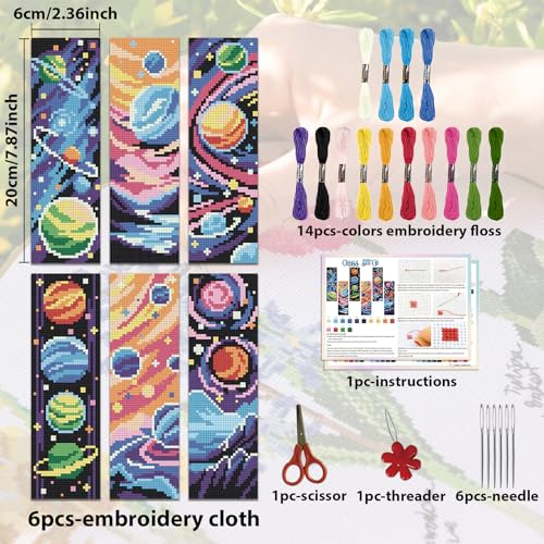 Image of ACRNIGHEET 6PCS Cross Stitch Bookmark Kits Cosmic Planet Pattern Counted Cross Stitch Kits for Beginners Adults DIY Stamped Embroidery Bookmarks with Instructions Hand Embroidery Craft Gift