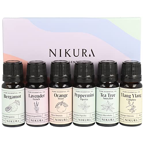 Nikura Best Sellers Essential Oil Gift Set - 6 x 10ml | Essential Oils for Diffusers for Home Aromatherapy Sleep Cleaning Skin Spiders | Lavender Sweet Orange Peppermint Tea Tree & Ylang Ylang