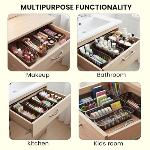 Image of Go Hooked Rectangular Plastic Drawer Organizer (Set of 3) - Multipurpose Storage Basket for Makeup, Stationery, Desk & Home Organization - Durable & Compact (Brown)