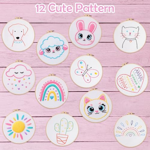 Image of Louise Maelys 12 Pre-Stamped Embroidery Kits for Beginners, Kids Girls Cross Stitch Kit,DIY Needlepoint Craft Sewing Practice Supplies,Funny Cute Pattern,Perfect for Ages 8-12