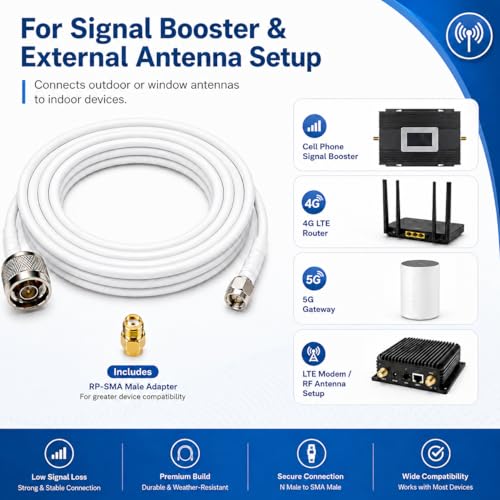 Image of N Male to SMA Male Coaxial Cable 16.5FT with RP-SMA Adapter | White 50 Ohm low loss 3D-FB RF extension, SMA to N antenna cable for signal booster, router, modem, Wi-Fi antenna