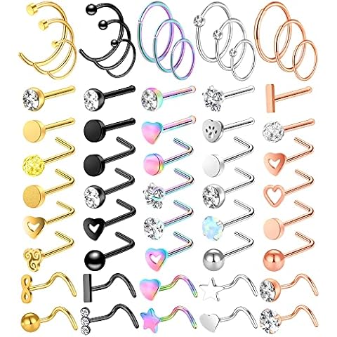 ONESING 55 Pcs 20G Nose Rings for Women Nose Rings Hoops Nose Piercing Jewelry L Shape Nose Studs Screw CZ Nose Bone Studs Stainless Steel Body Piercing Jewelry, Stainless Steel Cover