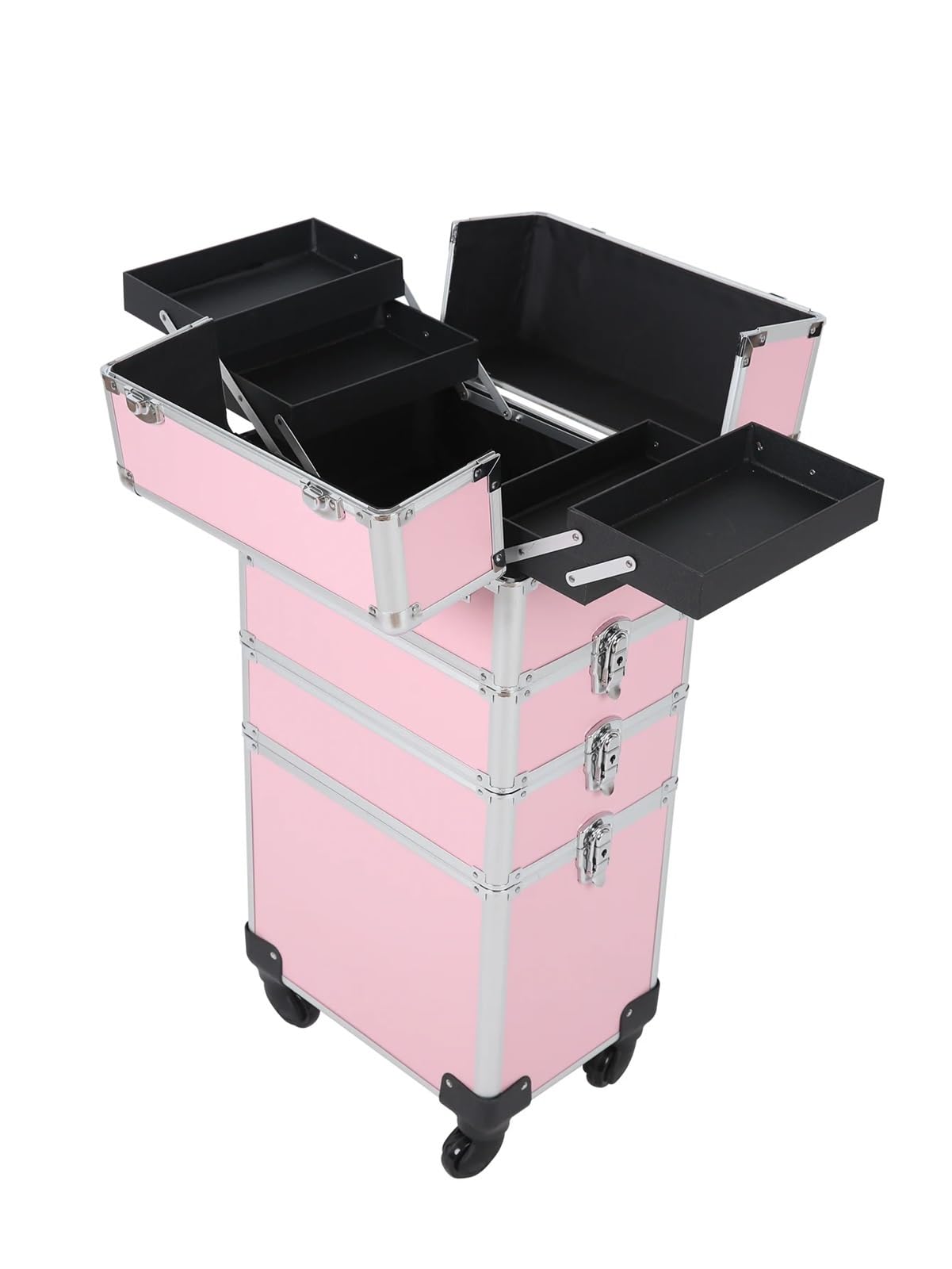 Kosmetikkoffer Multifunktionaler, 4-stöckiger Profi-Make-up-Koffer, faltbar, for Friseure und Kosmetikerinnen Maquilleuse Itinérante(Pink)