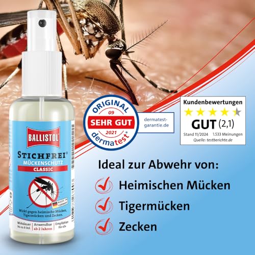 BALLISTOL 26800 Stichfrei Mückenschutz 100ml Spray - Insekten-Spray – 8h Schutz vor Bremsen, Fliegen, Zecken, Moskitos