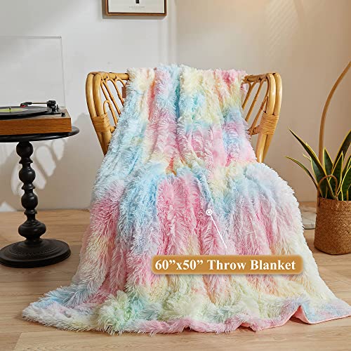 XeGe Plush Faux Fur Rainbow Throw Blanket, Tie Dye Shaggy Furry Blanket Throw Single, Fluffy Microfiber Velvet Couch Blanket - Image 2