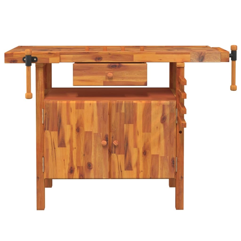 Banco da lavoro in legno di acacia massiccio con cassetto e viti a vite, 124 x 52 x 83 cm, robusto piano di lavoro per garage e officina, molto spazio con 1 cassetto e 1 scomparto con ante